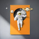 The White 3D Solar Astronaut Orange Portal Wall Art by Giant Sculptures features an astronaut floating in a black circular space with an orange backdrop, accompanied by two ringed planets, offering a captivating cosmic journey.