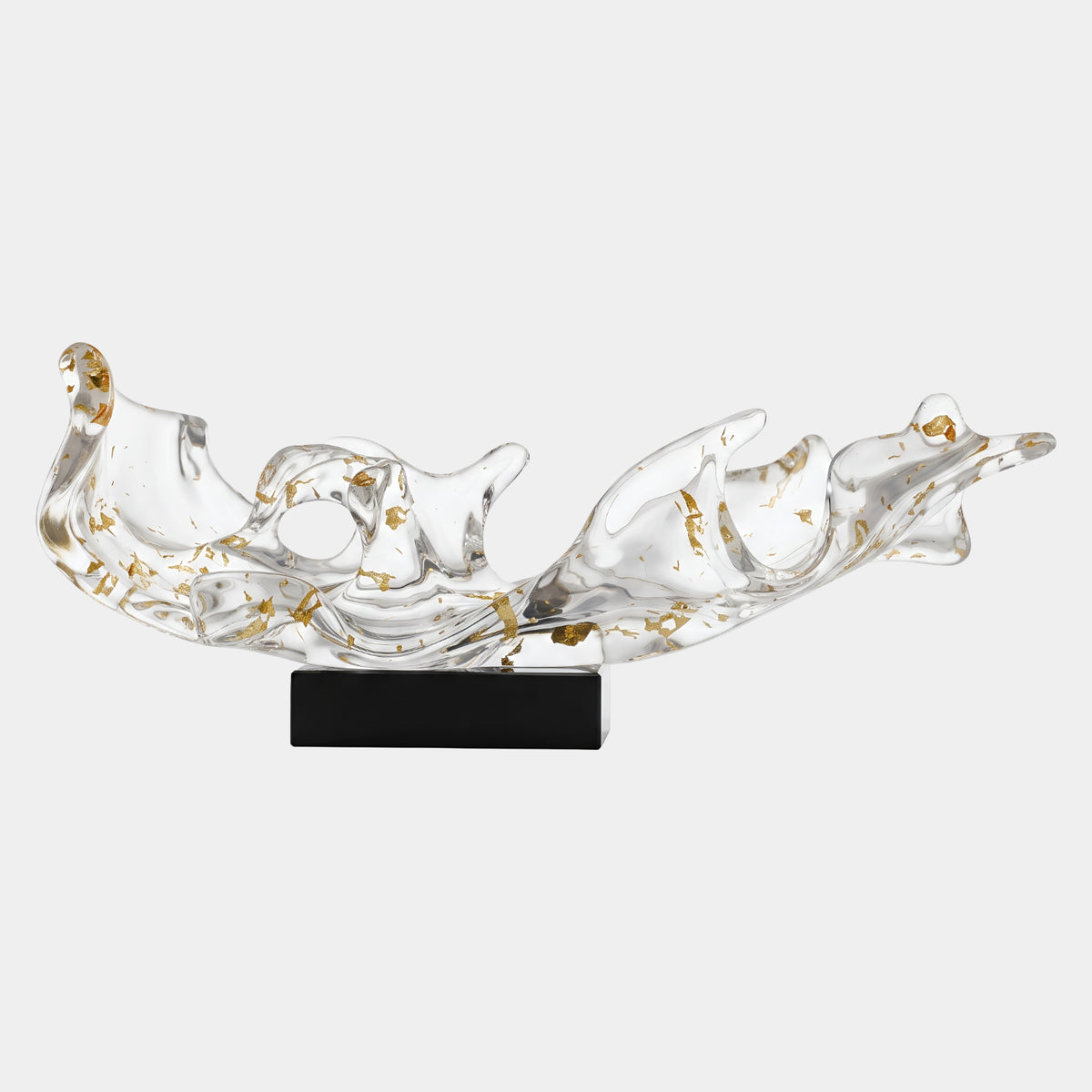Clear Gold Fleck Breaking Wave Resin Sculpture - 82cm, a translucent resin wave with scattered gold flecks on a black marble base, set against a plain white background.