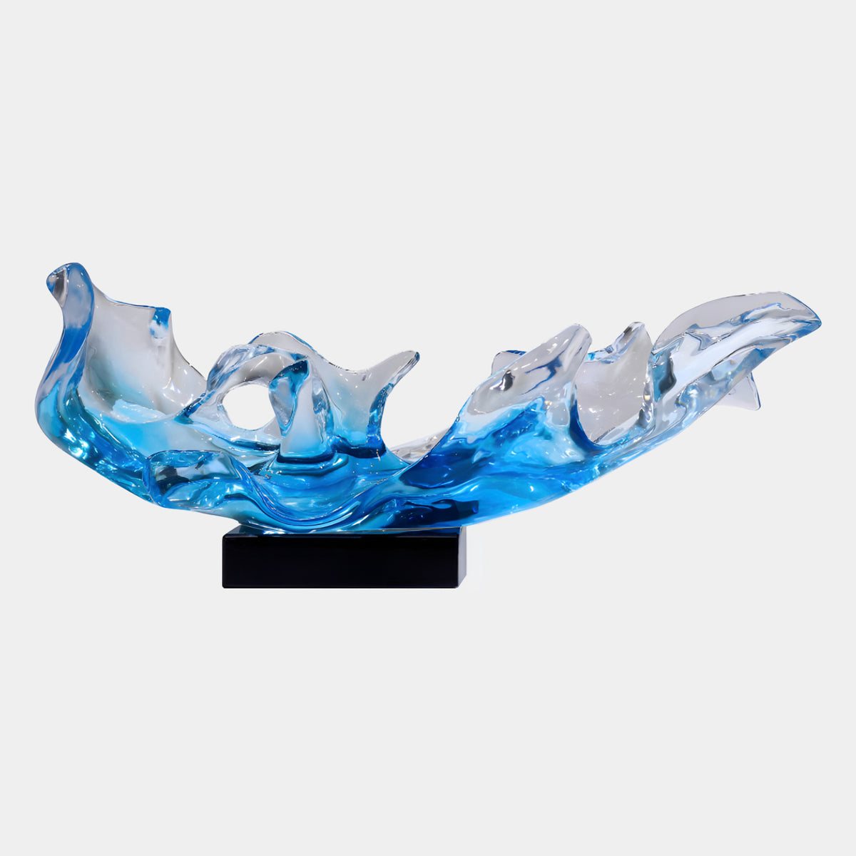Blue & Clear Breaking Wave Resin Sculpture, 82cm, curling wave form with a pierced loop and crests on a black base, set against a plain white background.