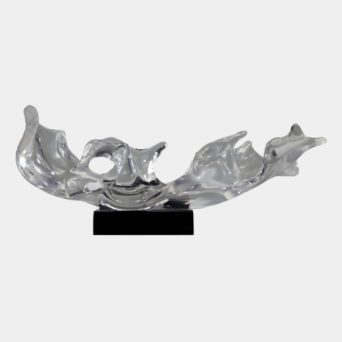 Clear Breaking Wave Resin Sculpture (82cm) by Giant Sculptures, a clear curling wave form with a pierced loop, mounted on a black rectangular base against a plain white background.