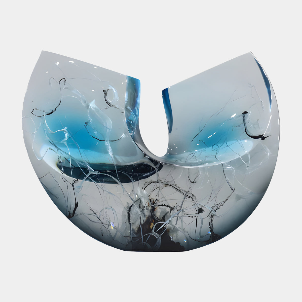 Blue & Clear Filament Split Disc Resin Sculpture, 36cm, a split circular form with blue-tinted curves and white filament details, shown on a plain white background.