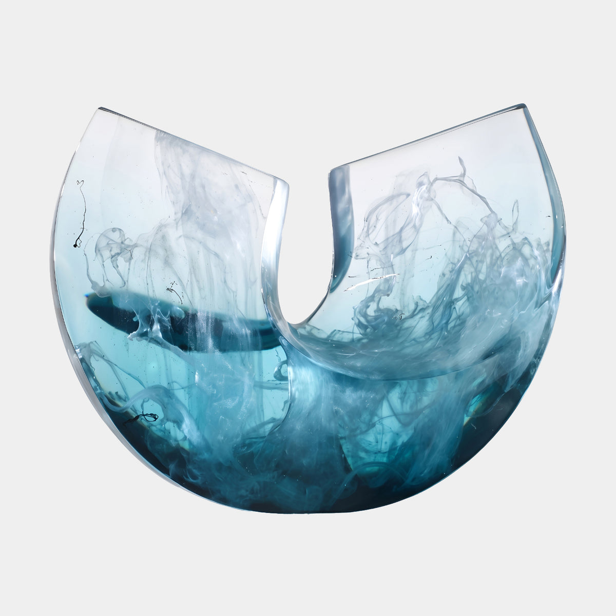 Teal Cloud Swirl Split Disc Resin Sculpture, 36cm, with clear U-shaped top halves and teal blue base swirling with white cloud-like patterns, on a plain white background.