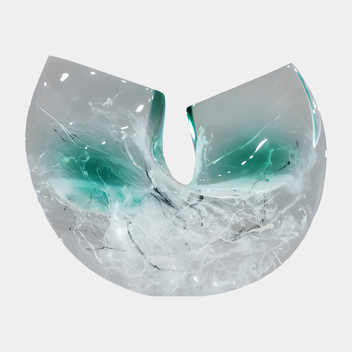 Sea Green & Clear Filament Split Disc Resin Sculpture, 36cm, split notched disc with sea green band and white filament strands, on a plain white background.