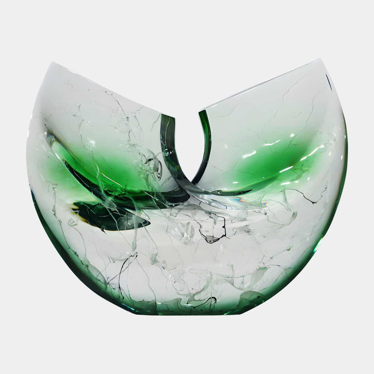 Green Filament Split Disc Resin Sculpture - 59cm, a clear resin disc split by a central slot with green bands and white filament detailing, shown on a plain white background.