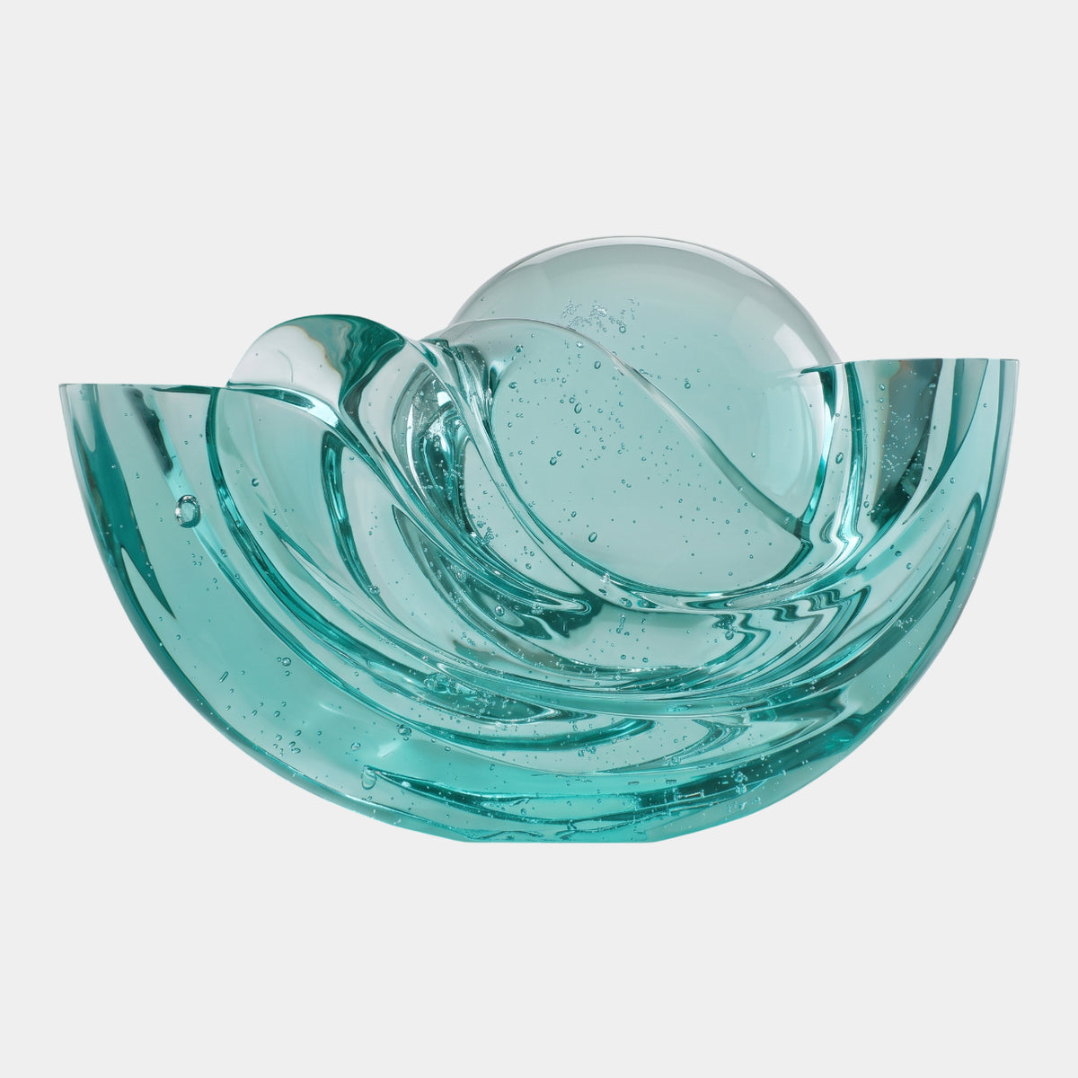 Aqua Four Nested Shell Bowl Resin Sculpture, 69cm, with layered translucent shells and a domed disc rising at back, shown on a plain white background.