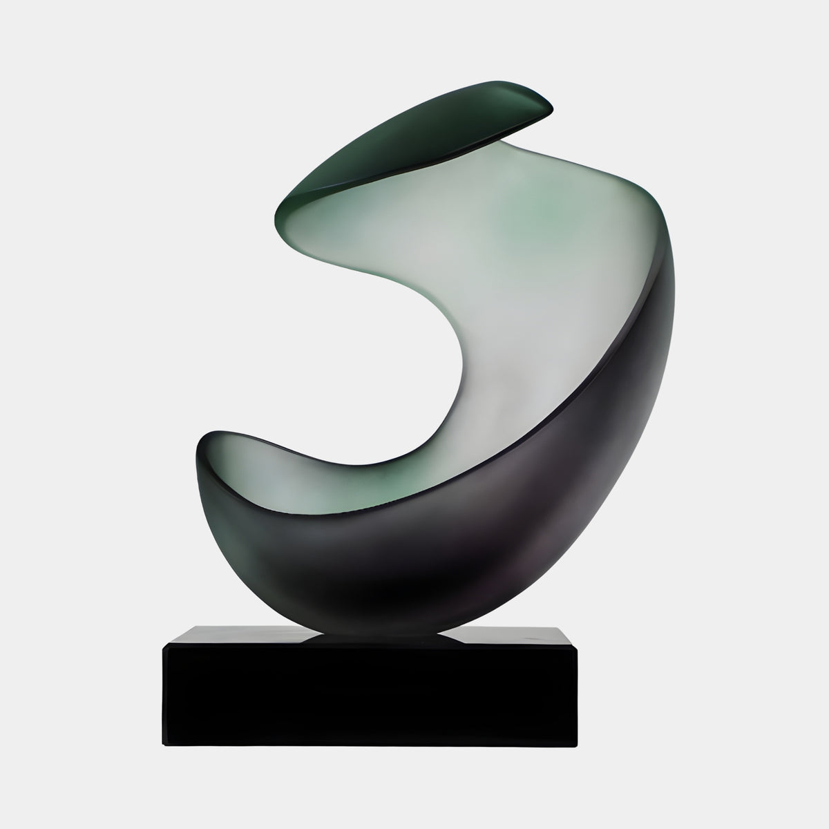 Charcoal & Grey-Green Frosted Scoop Resin Sculpture on Marble Base, 39cm, curved bowl form rising into a pale green-grey sheet with dark tip, set on a black base against a plain white background.