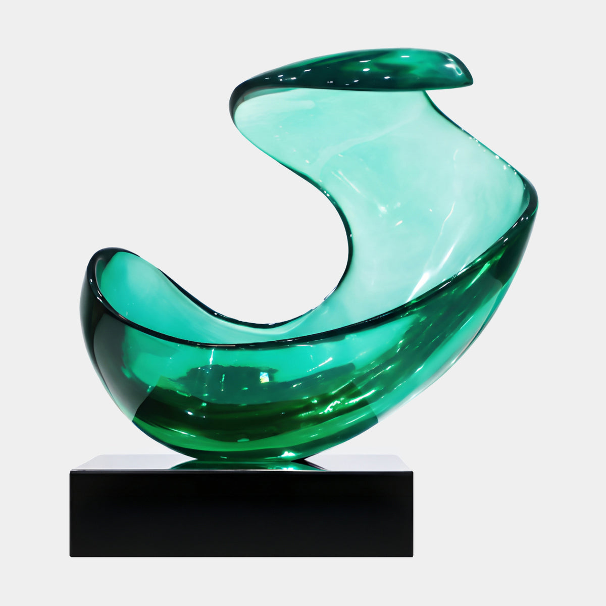 Sea Green Curling Sheet Scoop Resin Sculpture, 39cm, with a curved emerald-to-mint bowl and sweeping sheet on a black marble base, set against a plain white background.