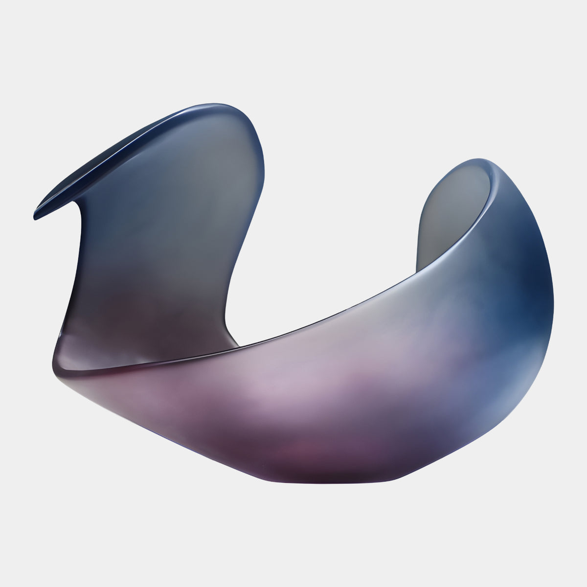 Blue & Violet Breaking Wave Curl Resin Sculpture, 46cm, satin-finish curved form with a crested lip and rounded lobe, navy rims fading to violet belly, on a plain white background.