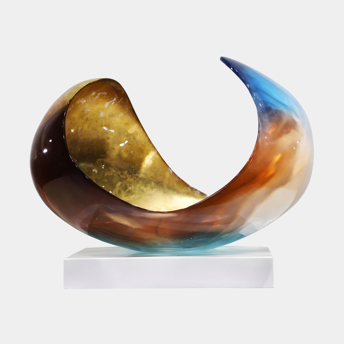 Brown & Gold Scroll Shell Resin Sculpture, 50cm, curled shell form with marbled brown-amber exterior, gold-lined hollow, blue tip, on white base against a light background.