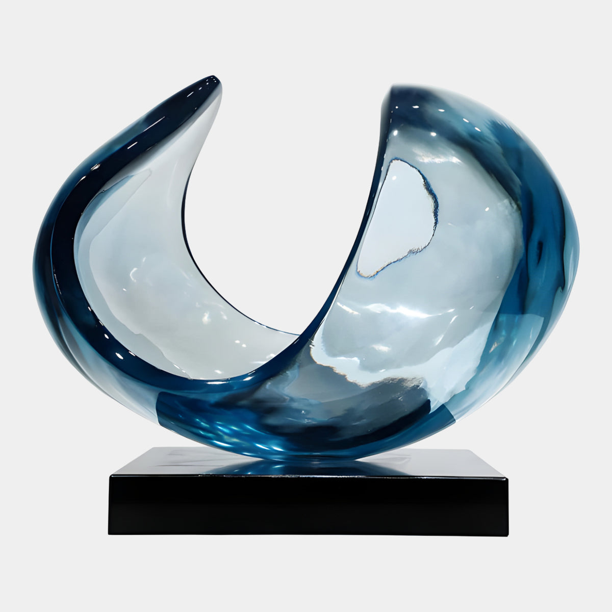 Petrol Blue Scroll Shell Resin Sculpture, 50cm, curved scroll form with glossy blue edges and pale center on a black base, plain white background.