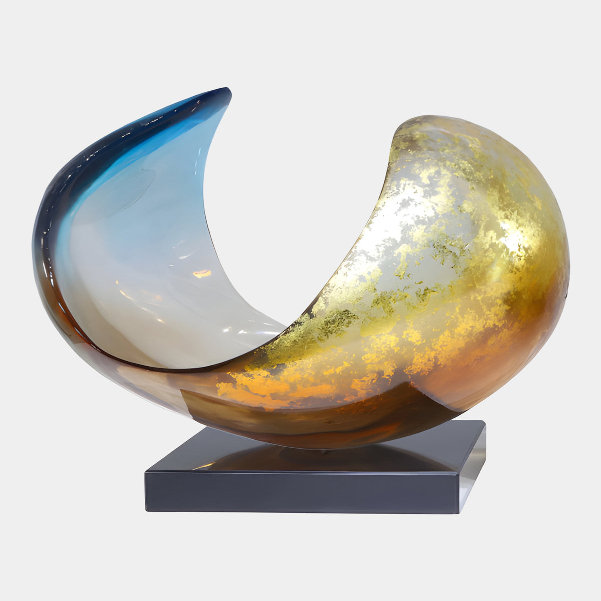 Sky Blue & Gold Scroll Shell Resin Sculpture on Marble Base, 50cm, with a blue horn curling above a crackled gold lobe, shown on a dark square base against a light background.