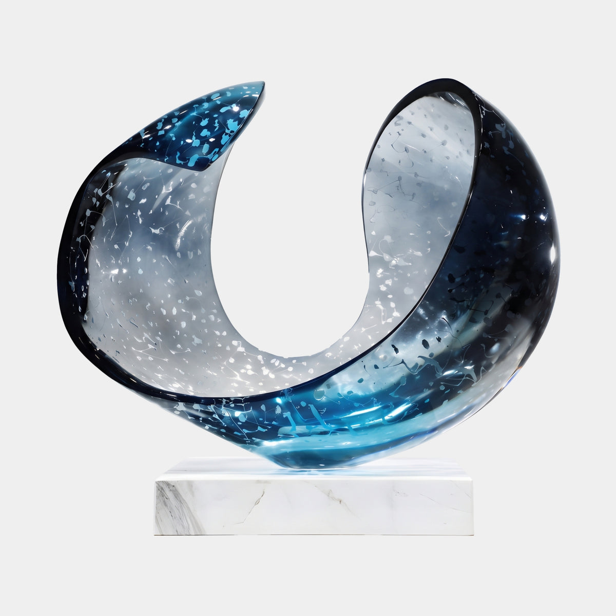 Blue & White Speckled Open Curl Resin Sculpture (56cm) on a marble base, curling form in ink blue and white speckled resin, shown against a plain white background.