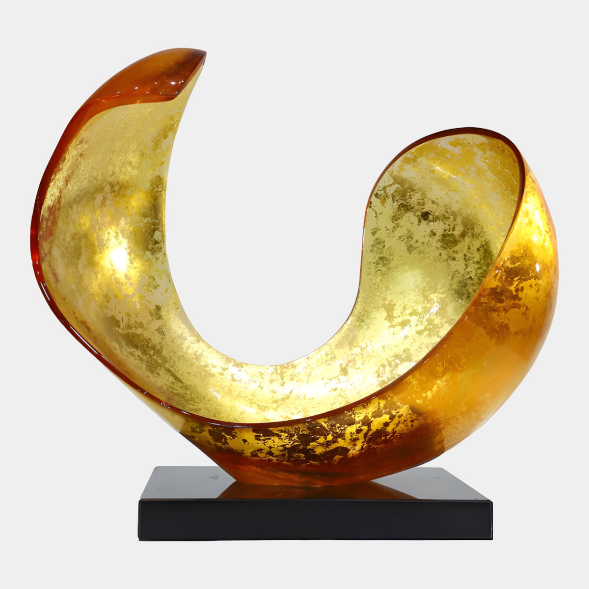 Gold & Amber Open Curl Resin Sculpture (56cm) with crackled gold-flaked finish and amber-red edging, set on a black base against a plain white background.