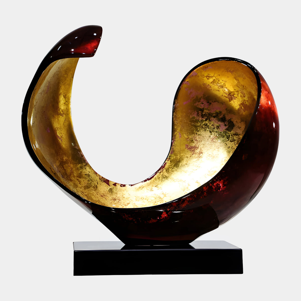 Deep Red & Gold Open Curl Resin Sculpture, 56cm, with a glossy deep red outer curl and crackled gold-flaked inner bowl, on a black base against a plain light background.