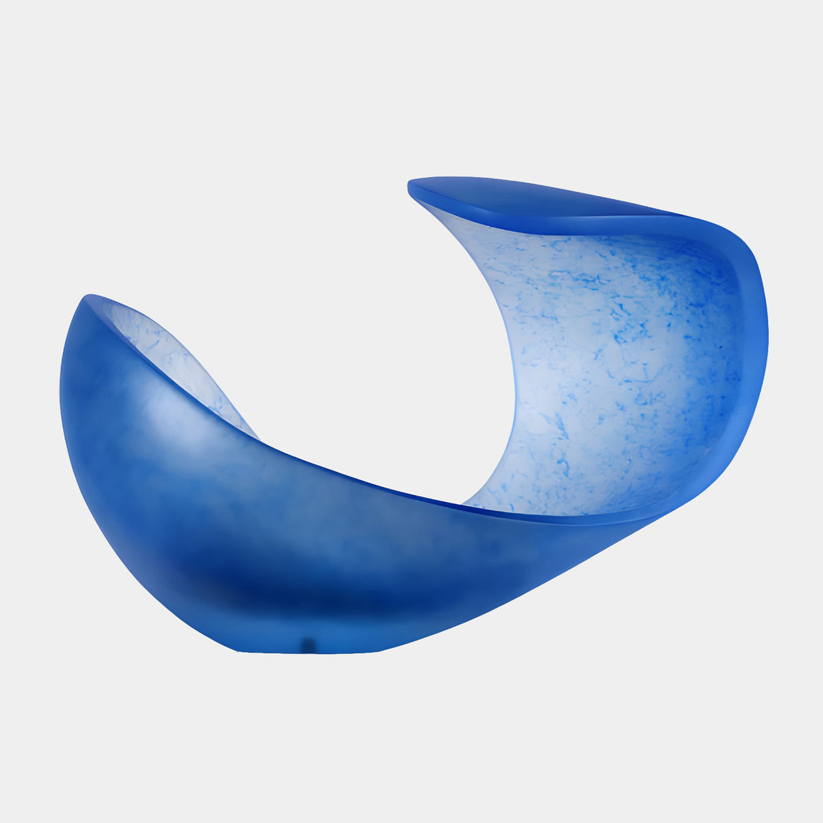 Cobalt Blue Frosted Cleft Cradle Resin Sculpture, 52cm, curved cradle form with mottled blue outer wall and pale veined inner face, on a plain white background.