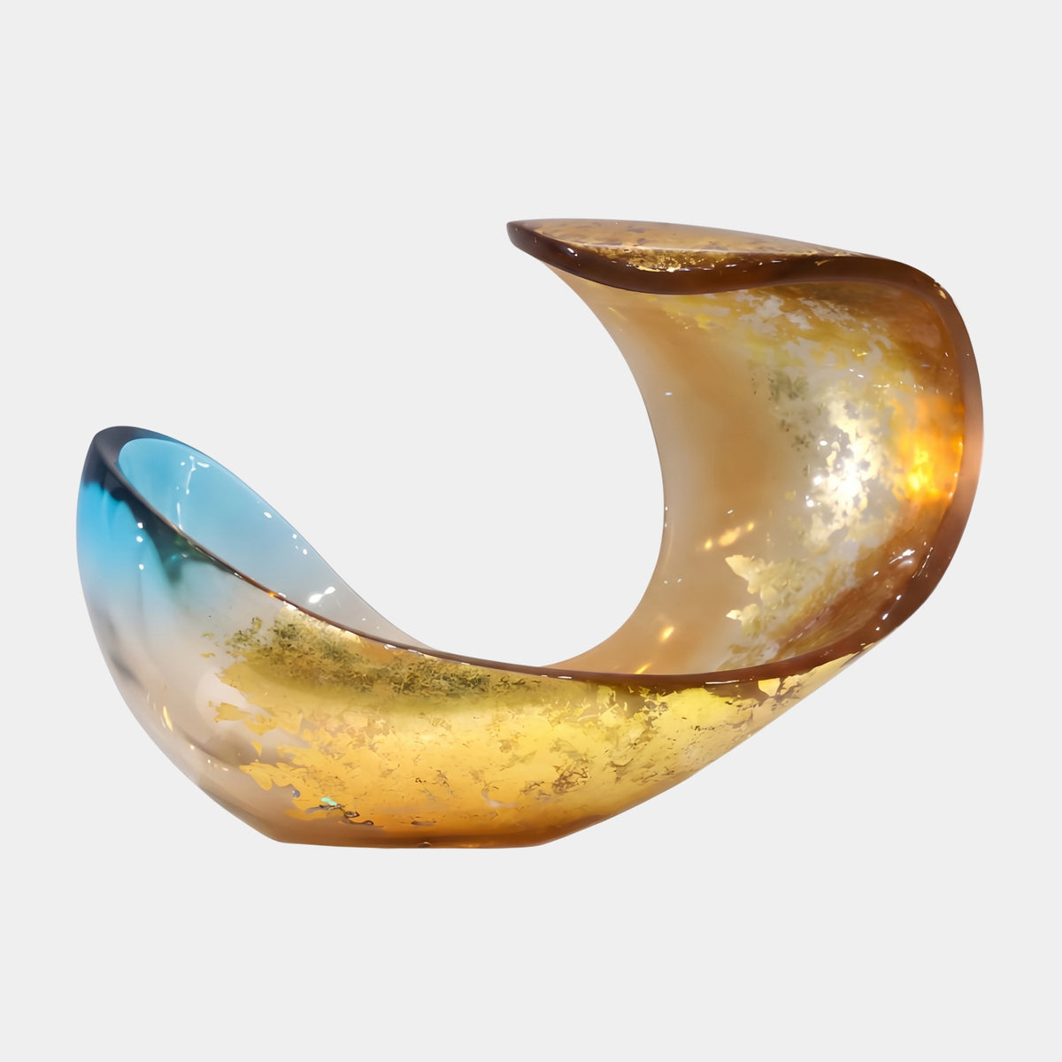 Honey Amber & Gold Cleft Cradle Resin Sculpture, 52cm, curved form with gold flake accents and a sky blue tip, shown on a plain white background.