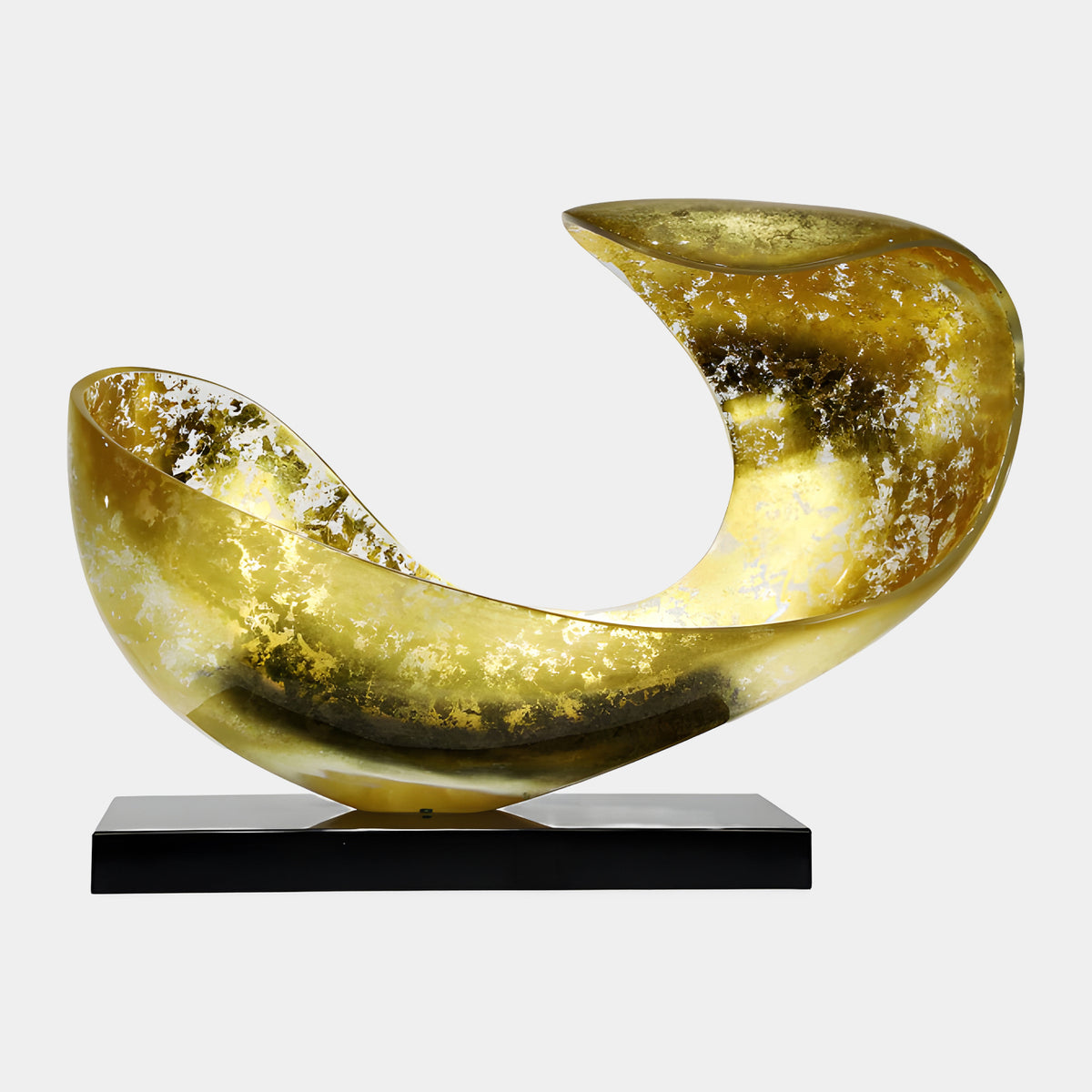 Antiqued Gold Scroll Shell Resin Sculpture, 85cm, curled shell form with gold flakes and smoky mottling on a black marble base, plain white background.