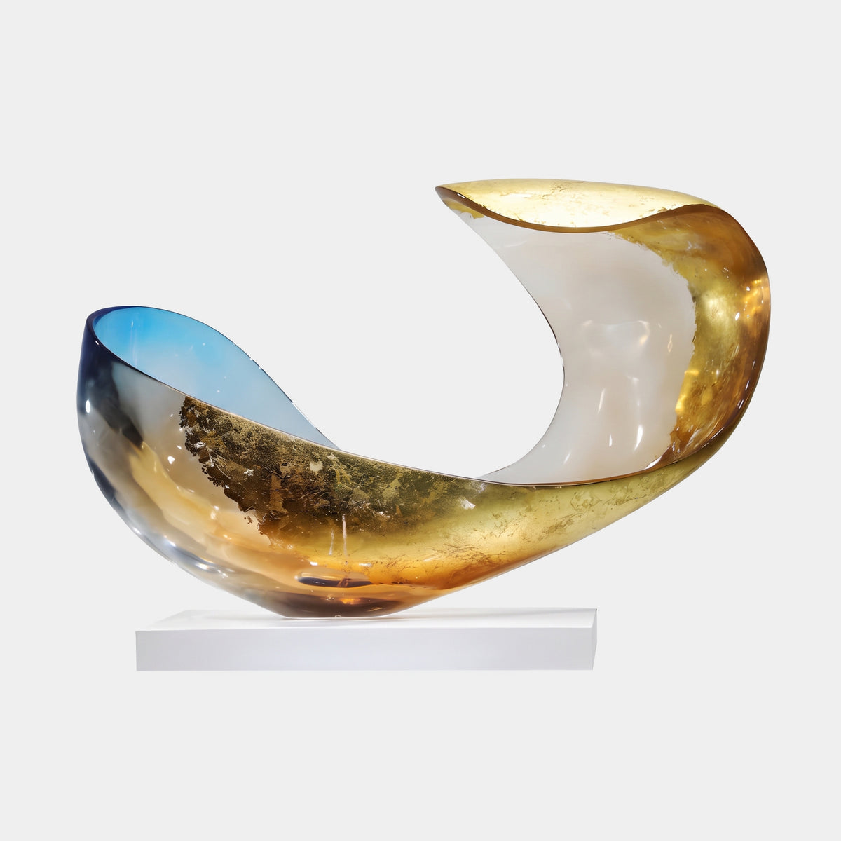 Sky Blue & Gold Crackled Scroll Shell Resin Sculpture, 85cm, curled shell form with sky blue interior and gold crackled exterior on a white base against a plain background.