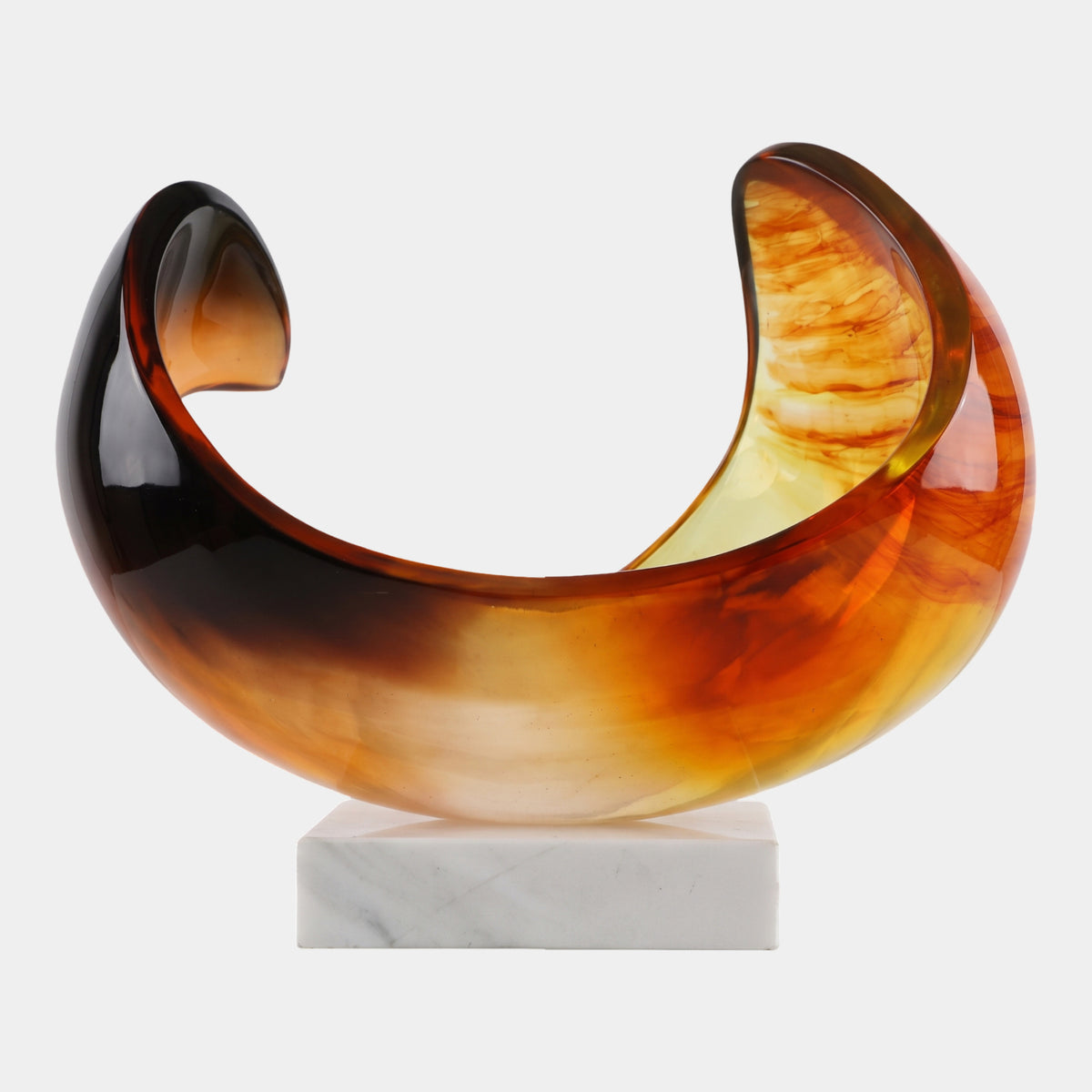 Amber Twin Lobe Curl on Marble Resin Sculpture, 38cm, two curling lobes in near-black to red-orange hues on a white marble base, shot against a plain light background.