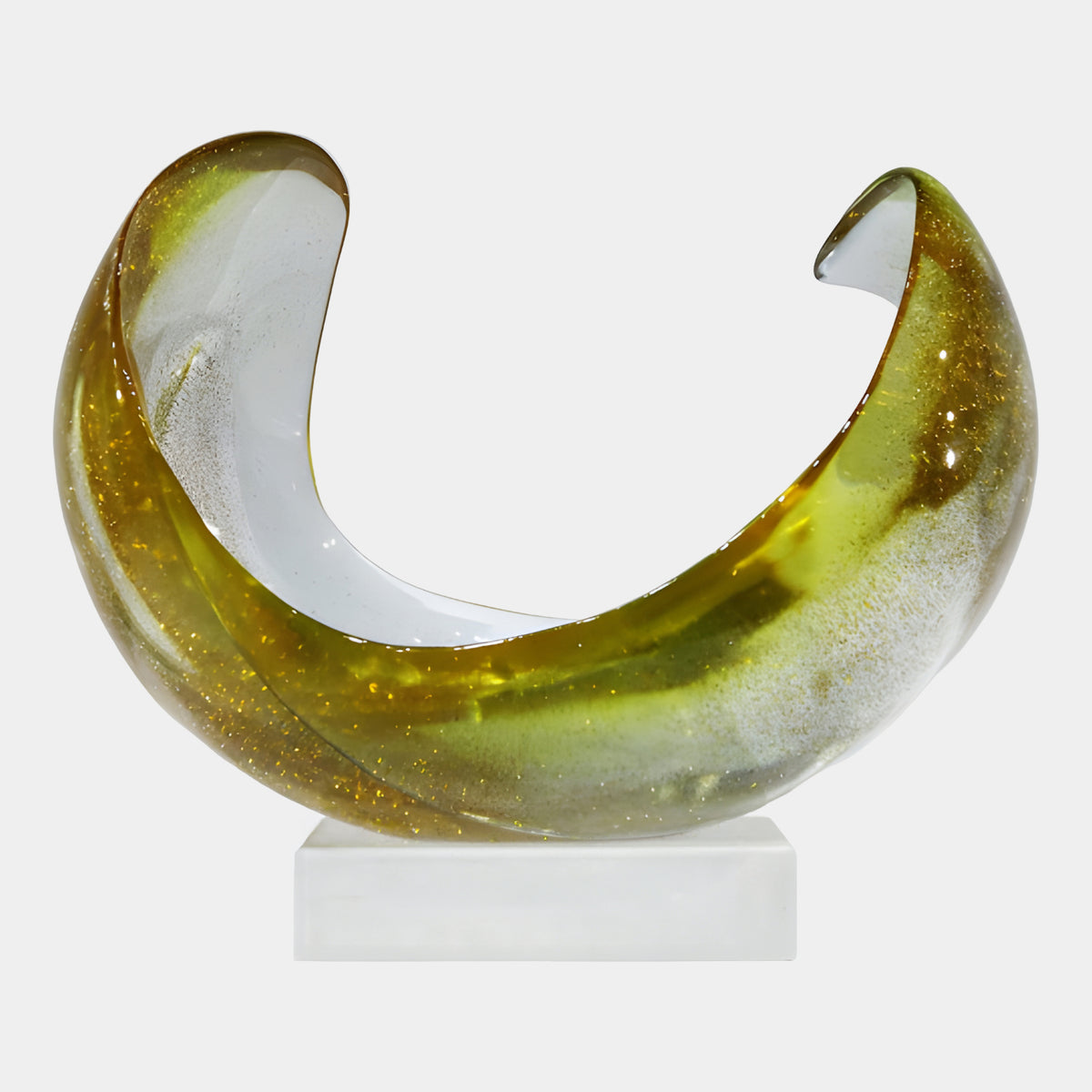 Olive Gold Fleck Crescent Cradle Resin Sculpture, 36cm, curved crescent form in olive-to-lime gold with milky white interior, on a white block base against a plain light background.