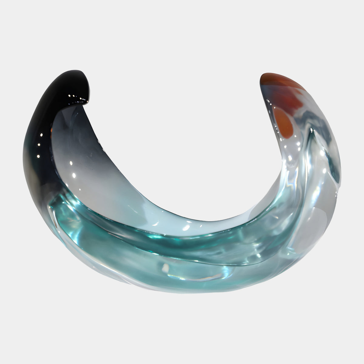 Pale Teal & Red Tipped Cradle Resin Sculpture, 36cm, curved crescent form with one black-tipped and one red-tipped end, translucent teal body, shown on a plain white background.