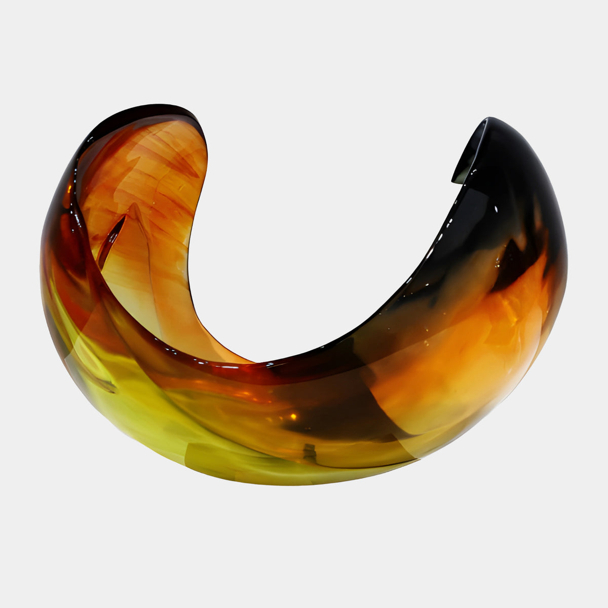 Amber & Black Tipped Cradle Resin Sculpture - 36cm, curved crescent form in amber-orange, black, and yellow-streaked resin, shown on a plain white background.