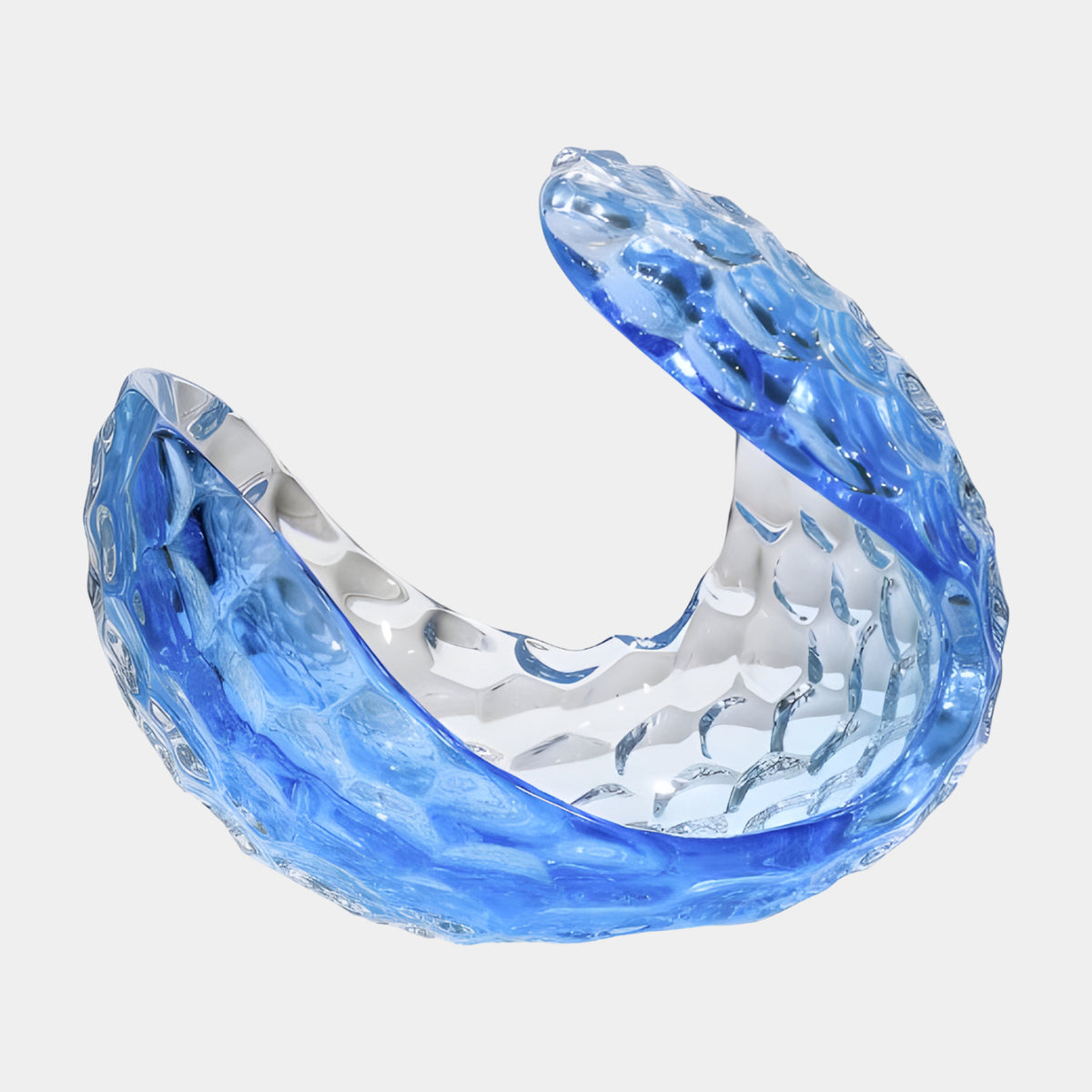 Blue Dimpled Pressed Curl Resin Sculpture, 29cm, by Giant Sculptures, dimpled curved C-shape resin casting in blue and clear tones on a plain white background.