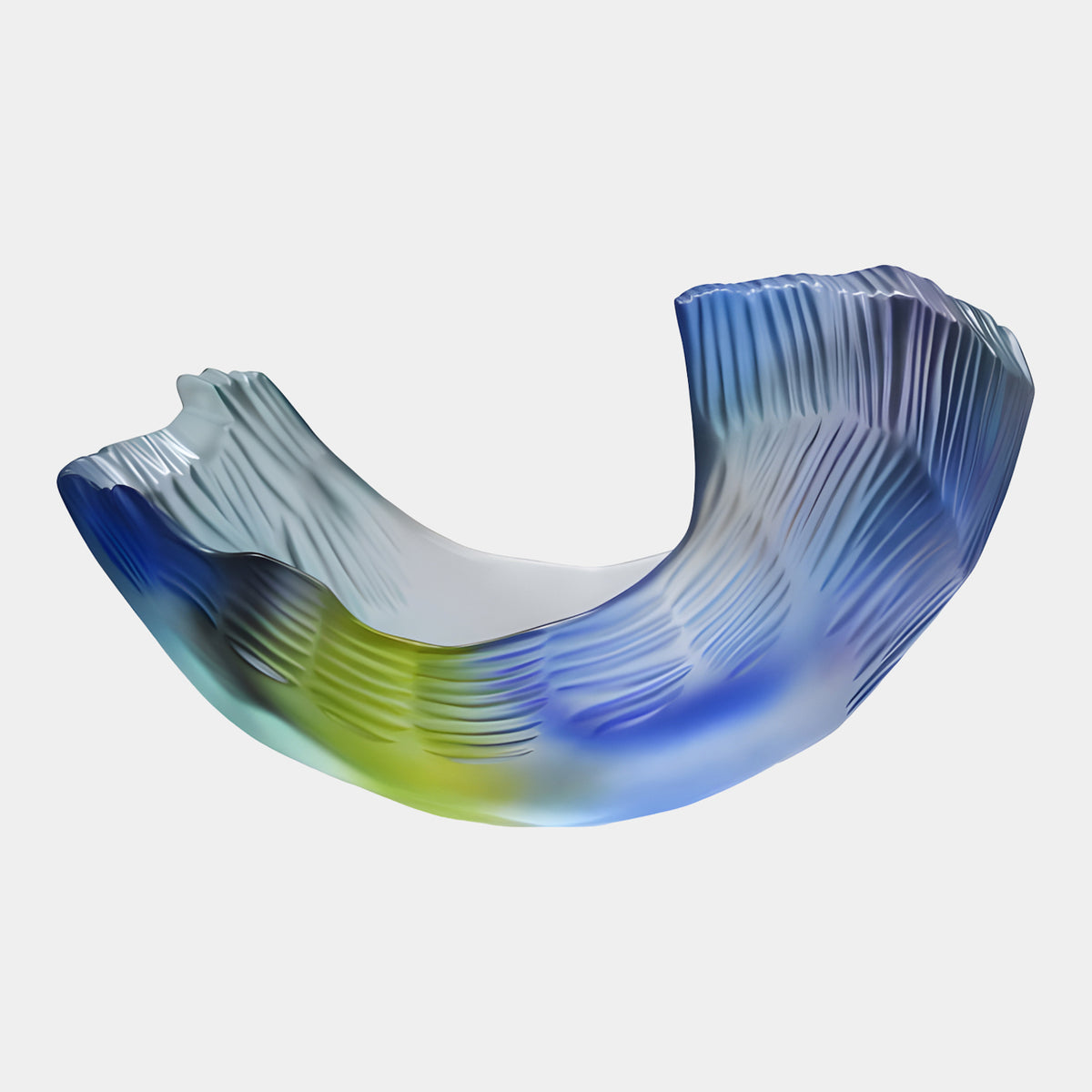 Blue & Green Fluted Vessel Resin Sculpture - 88cm, a ribbed curved cradle with a ragged rim, blue fading through violet into yellow-green, frosted finish, on a plain light background.