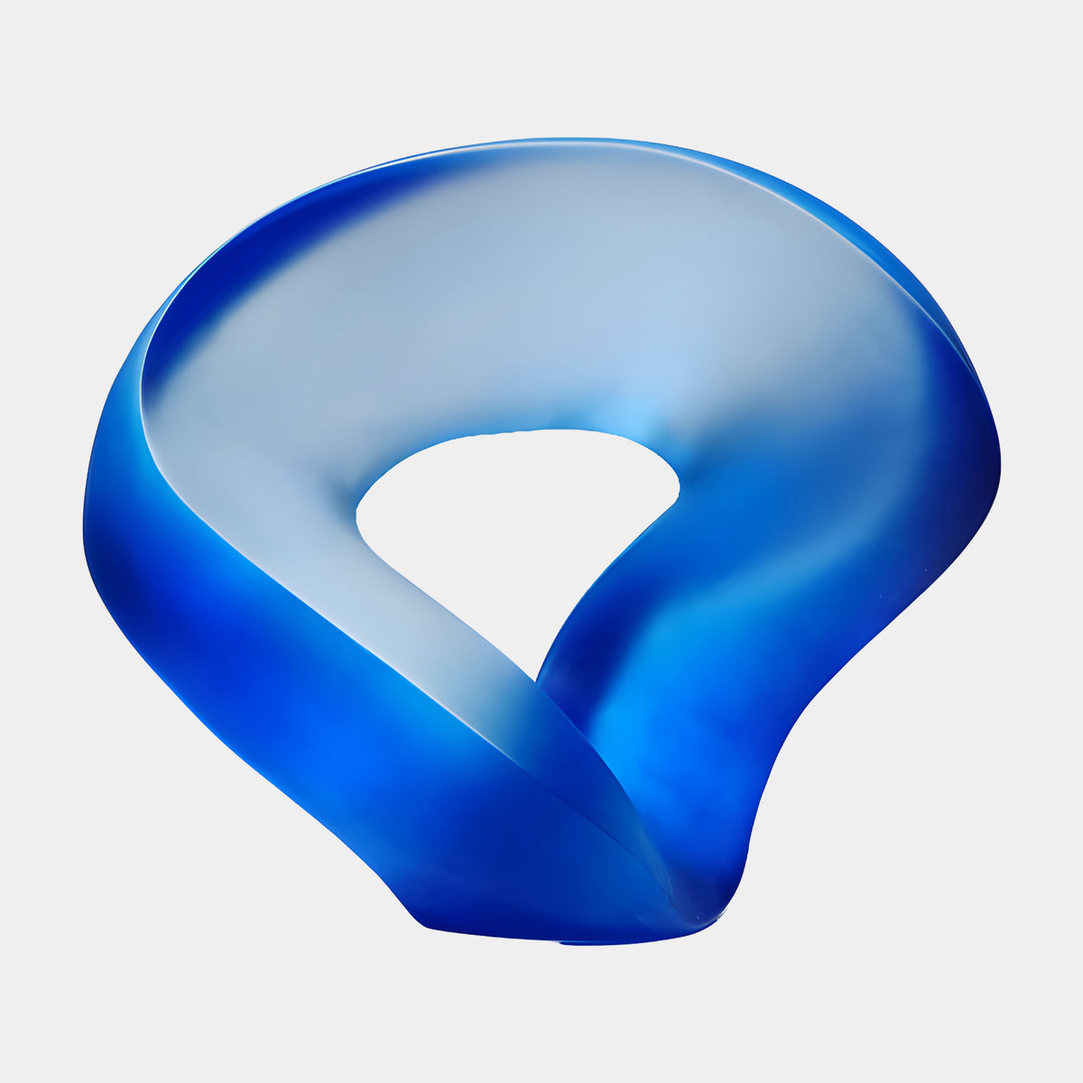 Cobalt Frosted Crossed Loop Resin Sculpture, 56cm, a self-crossing band with cobalt outer face and pale blue inner curve, shown on a plain white background.