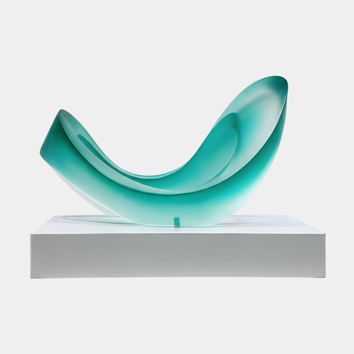 Aqua Frosted Rising Sweep Resin Sculpture, 40cm, a wave-like aqua resin curve with a scrolled lip and open tip on a white block base, set against a plain light background.