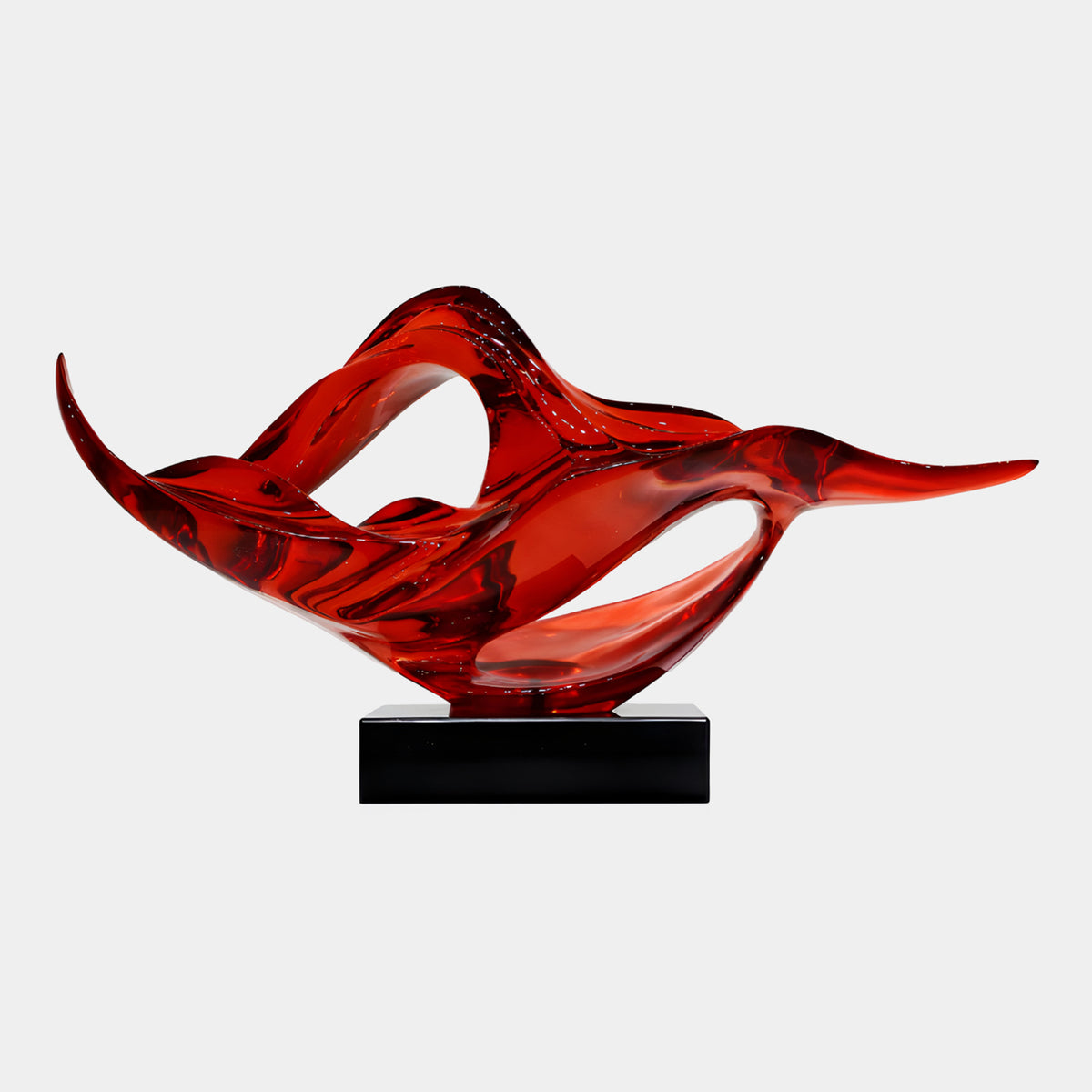Red Crossed Wings on Marble Resin Sculpture - 71cm, translucent ruby-red resin with dark streaks forming crossed blades over an open cradle, on a black rectangular base, plain white background.