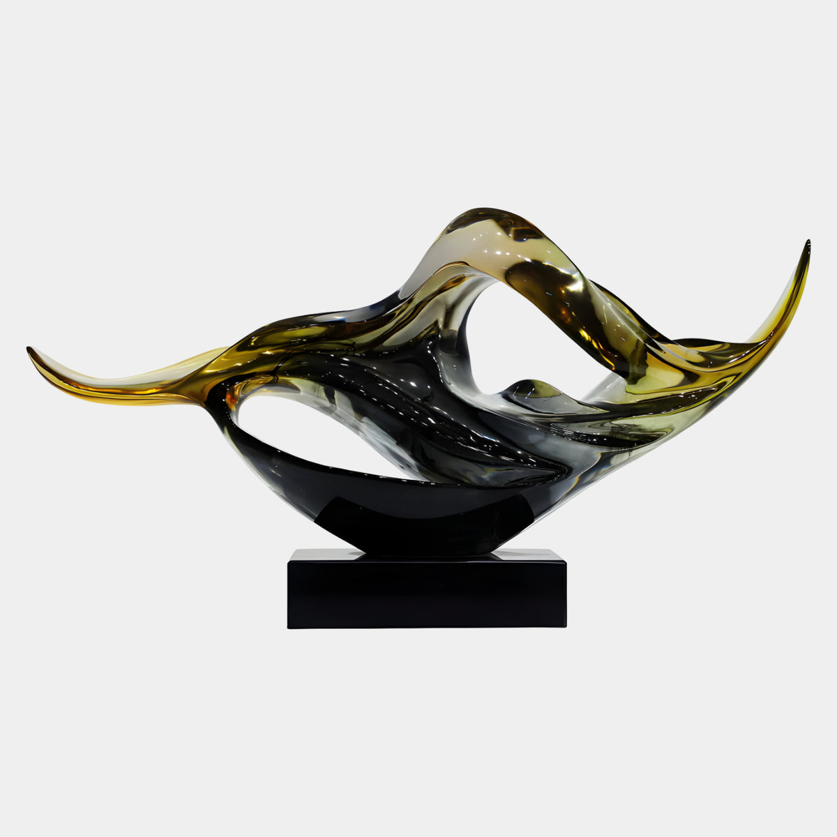Black & Olive Crossed Wings on Marble Resin Sculpture, 71cm, glossy black and olive-yellow crossing wing forms on a black base, plain white background.