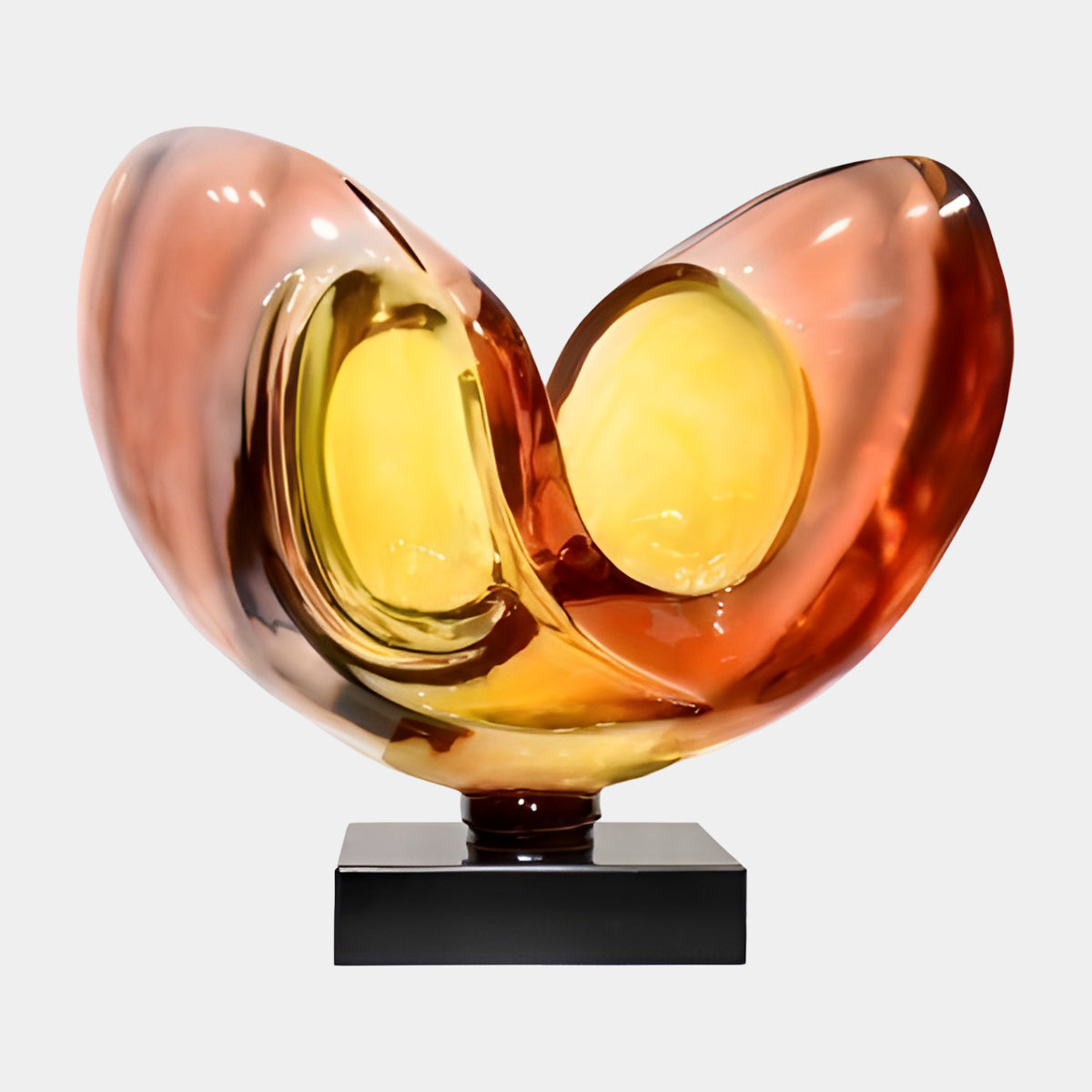 Rose Pink & Yellow Twin Lobe Cupped Resin Sculpture, 62cm, two heart-shaped lobes with amber-yellow hollows on a black marble base, set against a plain white background.