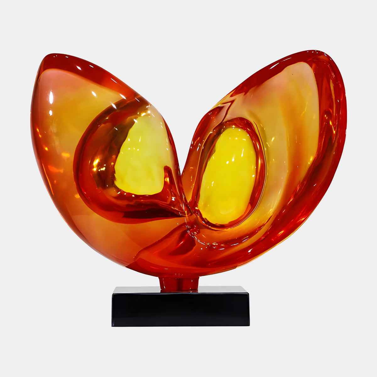 Orange & Yellow Twin Lobe Cupped Resin Sculpture, 62cm, two curved lobes with yellow centers on a black marble base, plain white background.