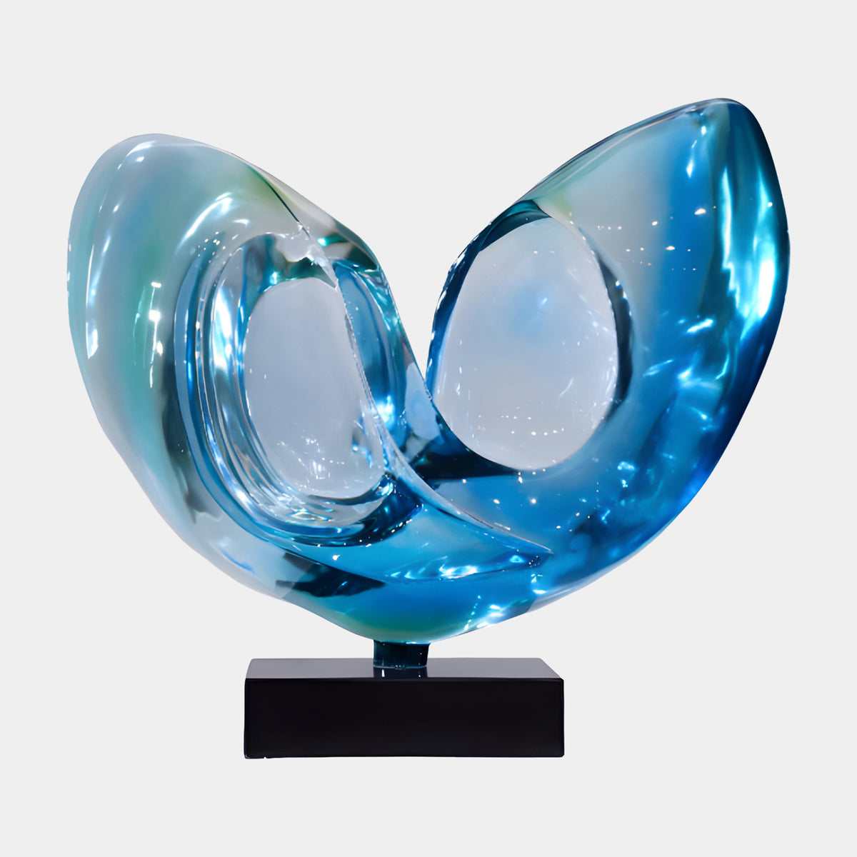 Blue & Clear Twin Lobe Cupped Resin Sculpture, 62cm, two curved lobes with frosted clear hollows on a black rectangular base, plain white background.