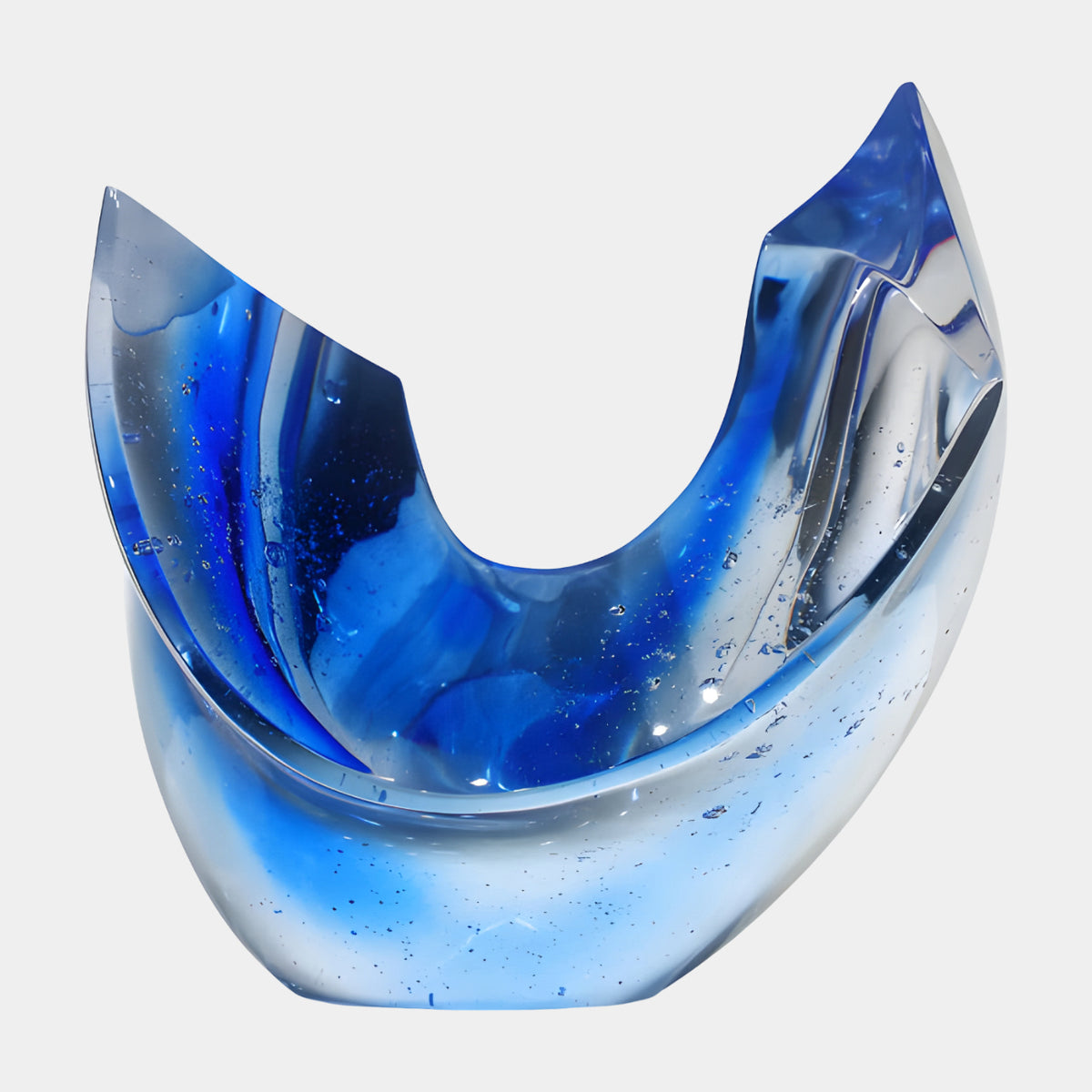 Cobalt & Clear Bubbled Cleft Vessel Resin Sculpture, 47cm, with asymmetrical peaked opening and pale clear base, shown on a plain white background.