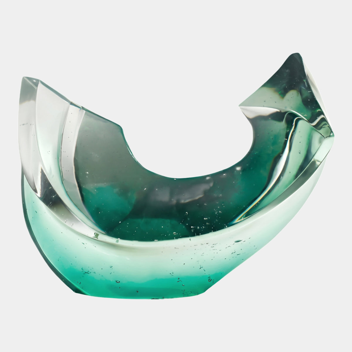 Green Faceted Open Cradle Resin Sculpture (53cm) by Giant Sculptures, curved open form with faceted clear-to-green walls, on a plain white background.