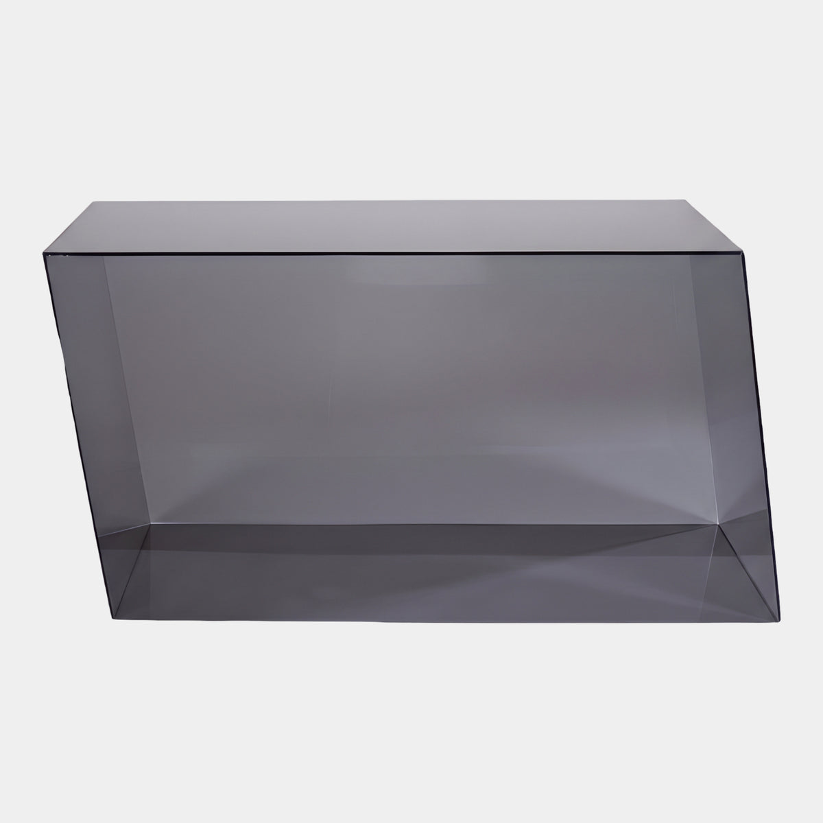 Smoked Grey Open-Base Glass Display Cover, 85cm, shown as a long low box with open base on a plain white background.