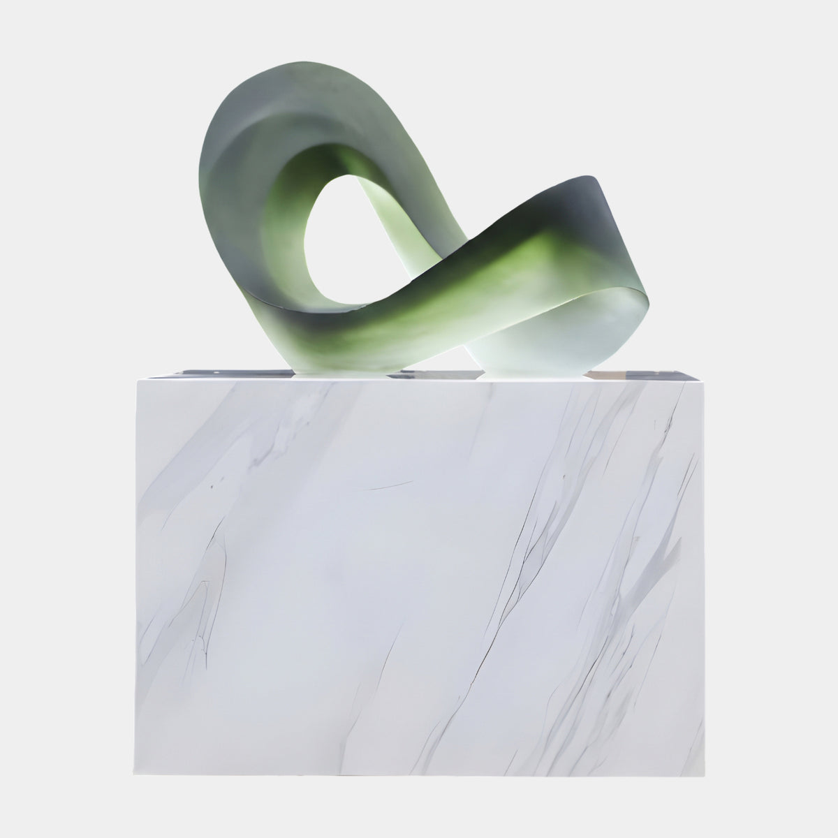Green Frosted Twisted Loop Resin Sculpture - 164cm, a smoky grey-green and leaf green frosted resin loop on a white marble plinth, plain light background.