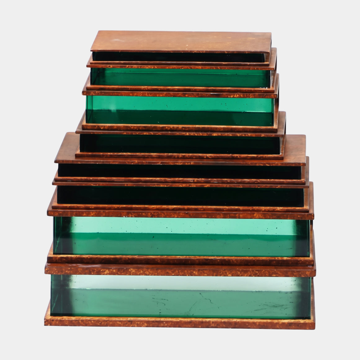 Green & Brown Stepped Slab Stack Resin Sculpture, 27cm, with tortoiseshell-brown resin layers dividing translucent green tiers, shown on a plain white background.