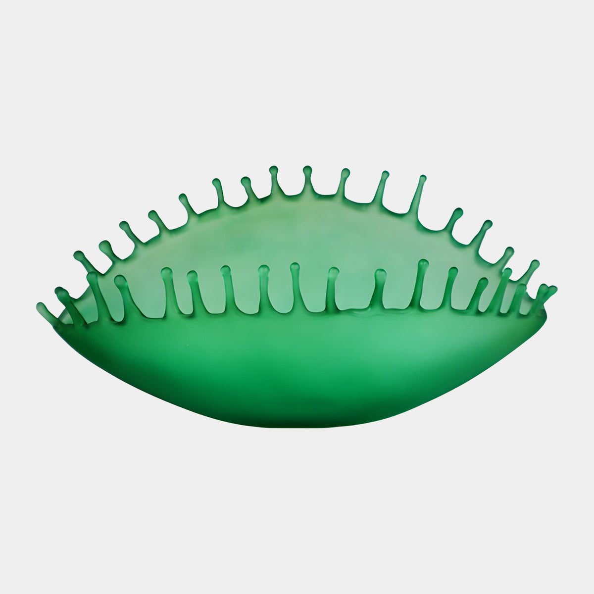 Green Frosted Comb Rim Pod Resin Sculpture, 34cm, pointed pod form with a fine upright comb of beaded prongs along the rim, shown on a plain white background.
