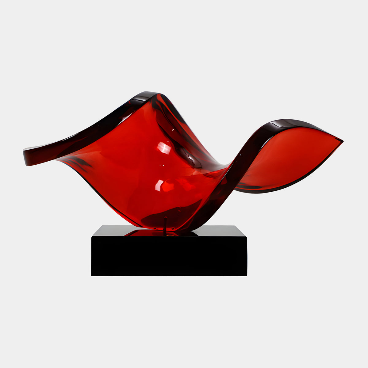 Deep Red Twisted Saddle Sheet Resin Sculpture, 72cm, a twisting ribbon-like red resin form on a black rectangular base, shown on a plain white background.
