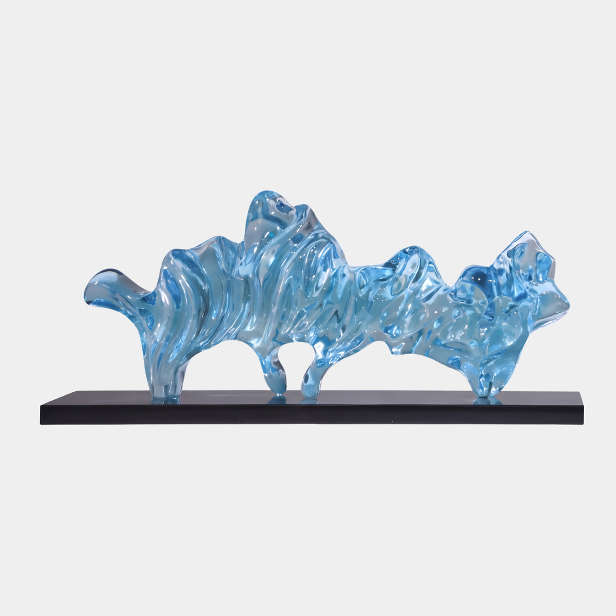 Sky Blue Craggy Ridge Resin Sculpture - 86cm, a swirling translucent blue ridge form on a black rectangular base, shown on a plain white background.
