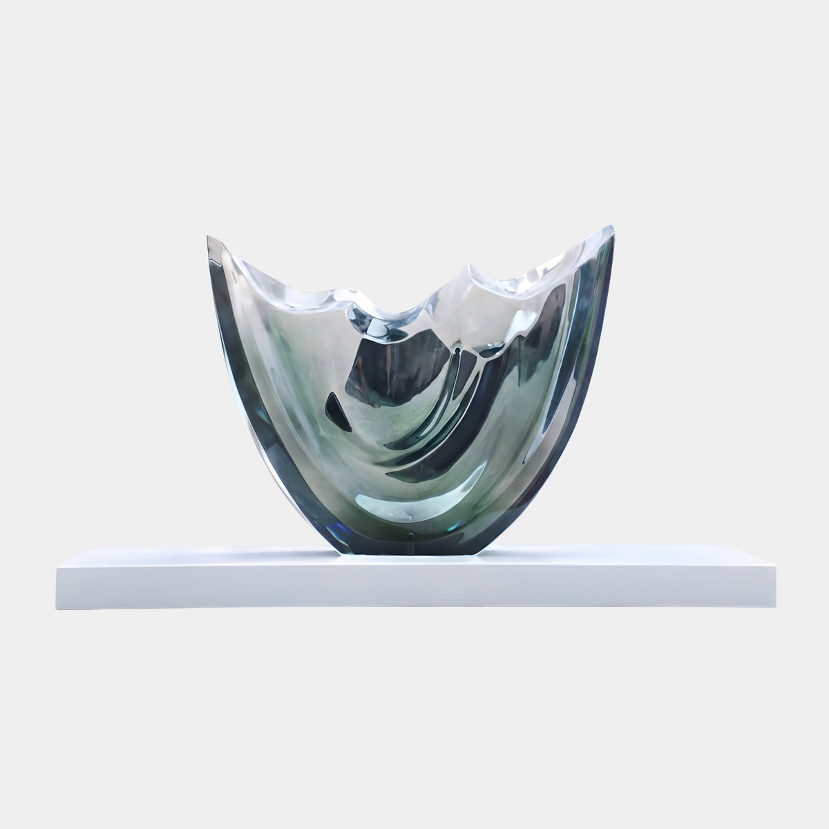Clear High Gloss Torn Rim Vessel Resin Sculpture, 100cm, with a jagged peaked rim on a pale stone base, set against a plain white background.