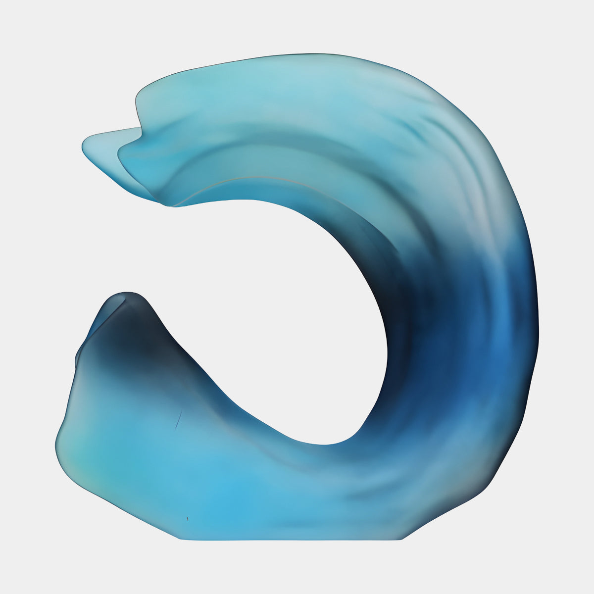 Blue Frosted Open Wave Curl Resin Sculpture, 70cm, a C-shaped curling wave form deepening to dark blue with a pale aqua lip, on a plain white background.
