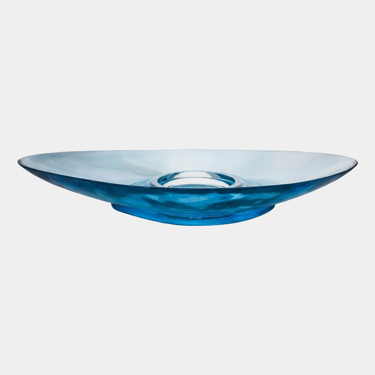 Giant Sculptures Blue Wide Oval Dish Resin Sculpture - 370cm, a shallow translucent blue resin dish with a raised central well and oval foot, shown on a plain white background.