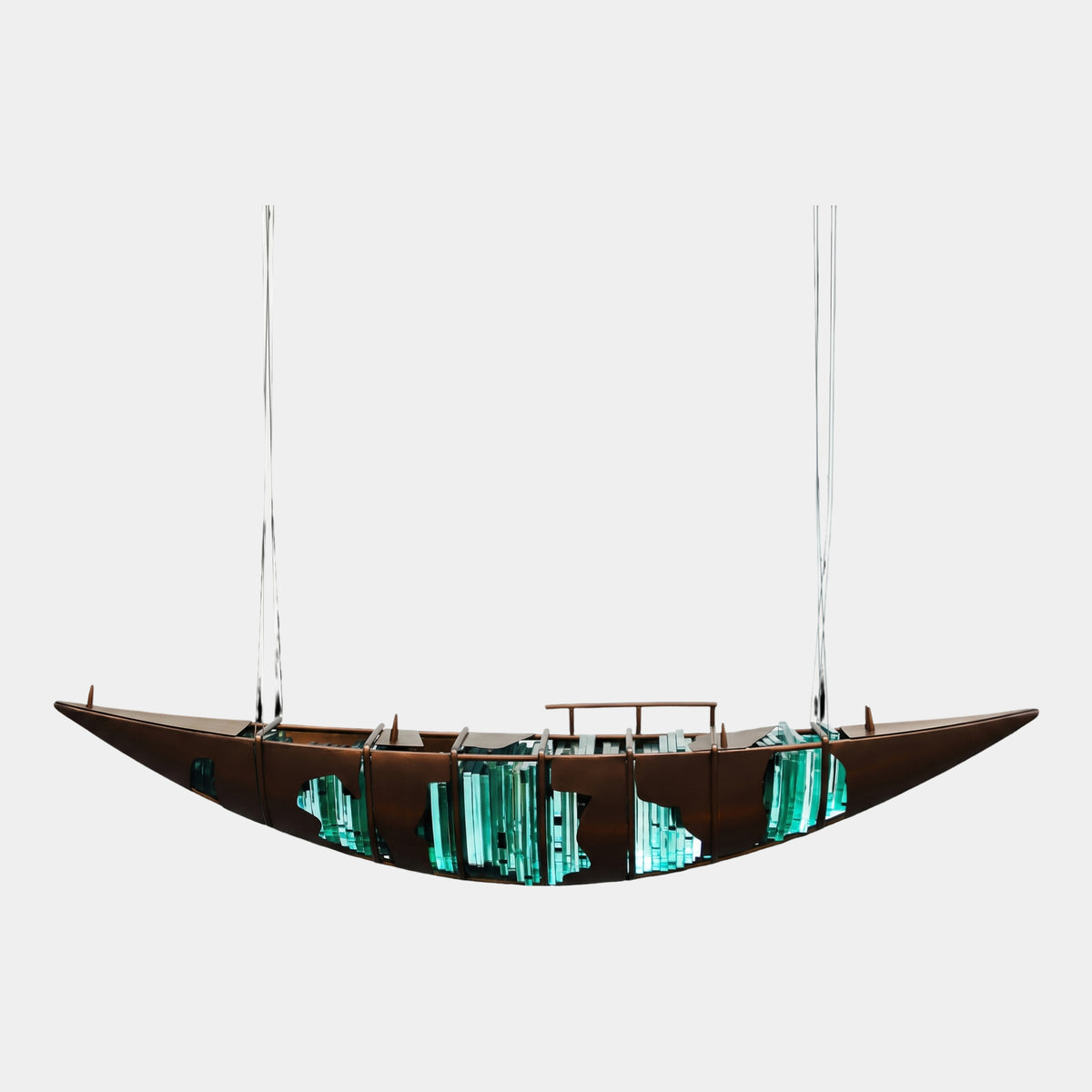 Brown & Teal Hanging Boat Metal & Acrylic Sculpture, 180cm, suspended on cables against a plain white background, teal acrylic slats visible through cutout windows.