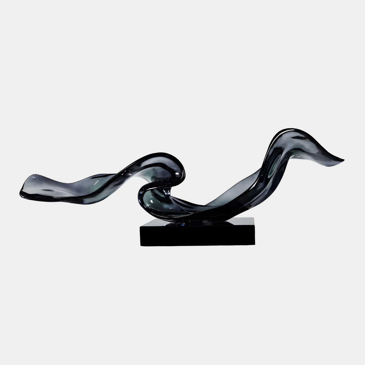 Smoke Grey Twin Wave on Marble Resin Sculpture, 110cm, a curling ribbon-like form on a black base, shown against a plain light background.