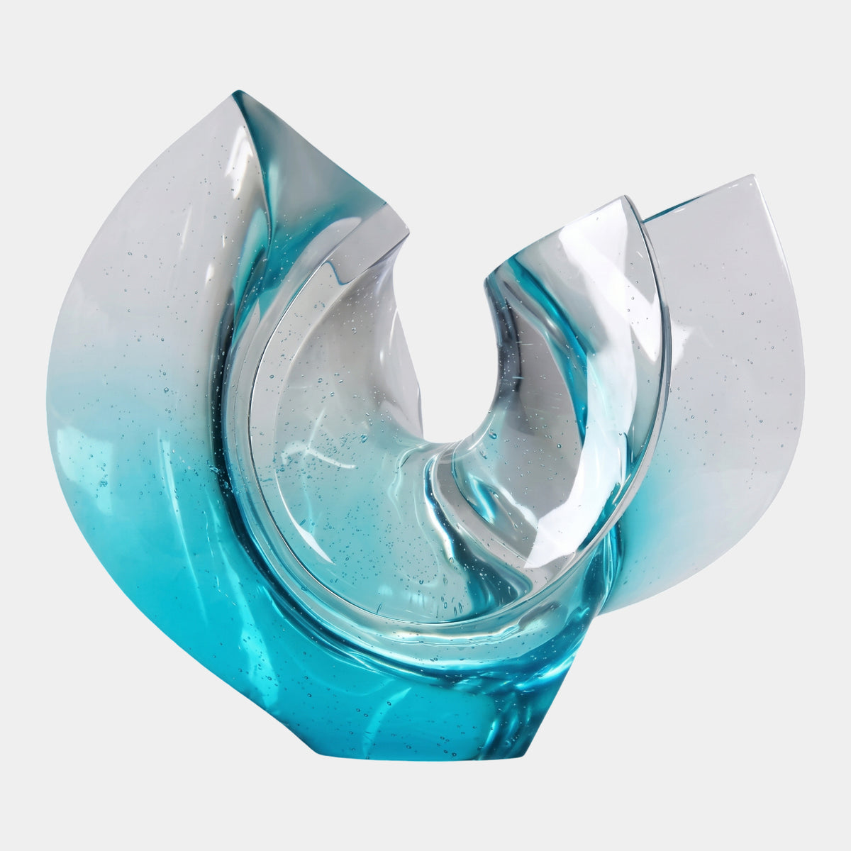 Turquoise Cleft Twin-Wing Resin Sculpture, 52cm, with two curved glass-like wings meeting at a turquoise base and clearing to colorless tips, on a plain white background.