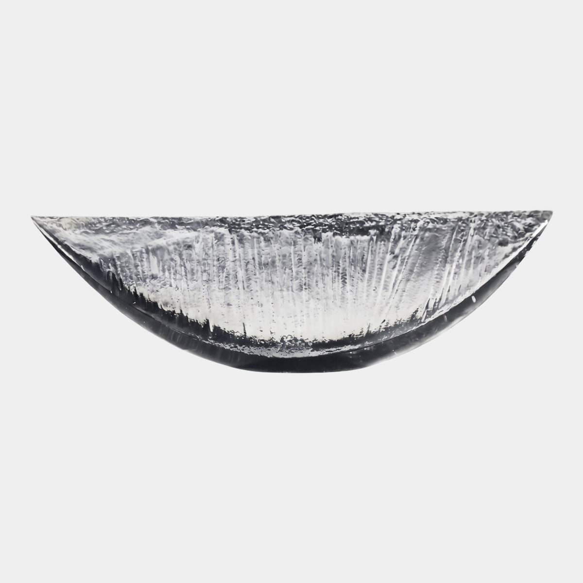 Clear Combed Long Pointed Dish Resin Sculpture, 80cm, elongated boat-shaped vessel with fine vertical striations inside, clear exterior, shown on a plain white background.